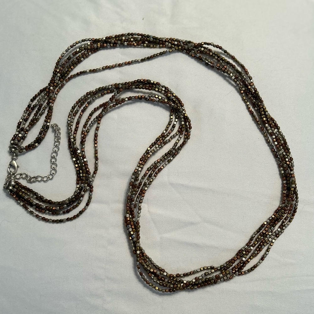 Premier Designs Matte Gold, Silver & Bronze Beaded Multi Strand Necklace